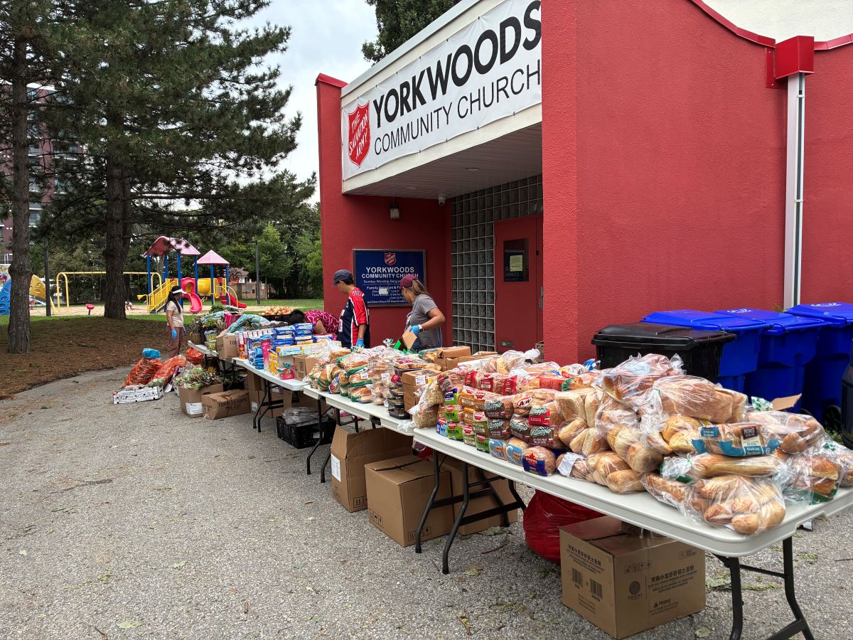 a long table with all kinds of packaged food displayed ready for distribution