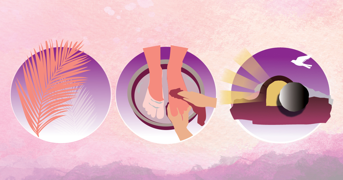 Three images: a palm branch, foot washing, empty tomb