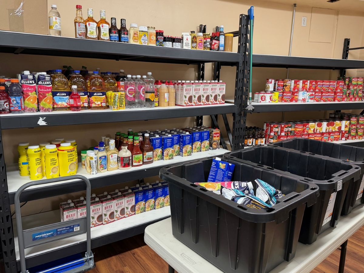 food stacked on shelves